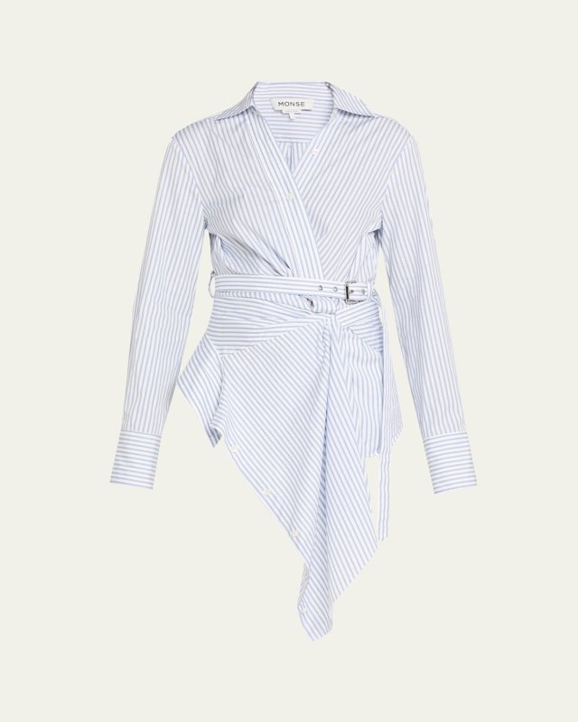 Striped Belted Asymmetric Wrap Blouse